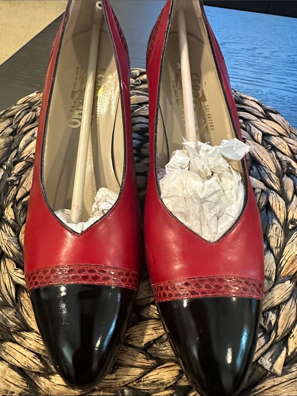 Vintage Salvatore Ferragamo Red Leather Pumps 9 AAA | Black Snakeskin Cap Toe |